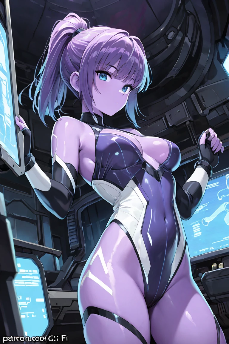 best quality, masterpiece, ultra high resolution, Close-up of the buttocks of a woman in her 30s wearing a purple bodysuit in a riding pose., View from below, perfect body, He bends his upper body and twists it to the side to look at the viewer., beautiful face, angry expression, Open mouth, Hands holding the mechanic steering wheel, perfect big ass, perfect large breasts, cyberpunk glowing suit, evangelion suit