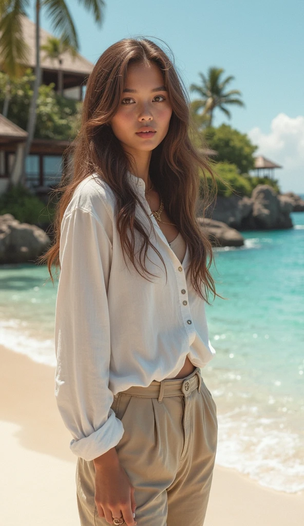 A beautiful woman with long wavy hair, detailed face, detailed eyes, detailed body, wearing a white shirt, reading a book on the beach, sunglasses, (best quality,8k,highres,masterpiece:1.2),ultra-detailed,(realistic,photorealistic,photo-realistic:1.37),natural lighting, soft warm colors, golden hour, serene beach, tranquil ocean waves, calming atmosphere