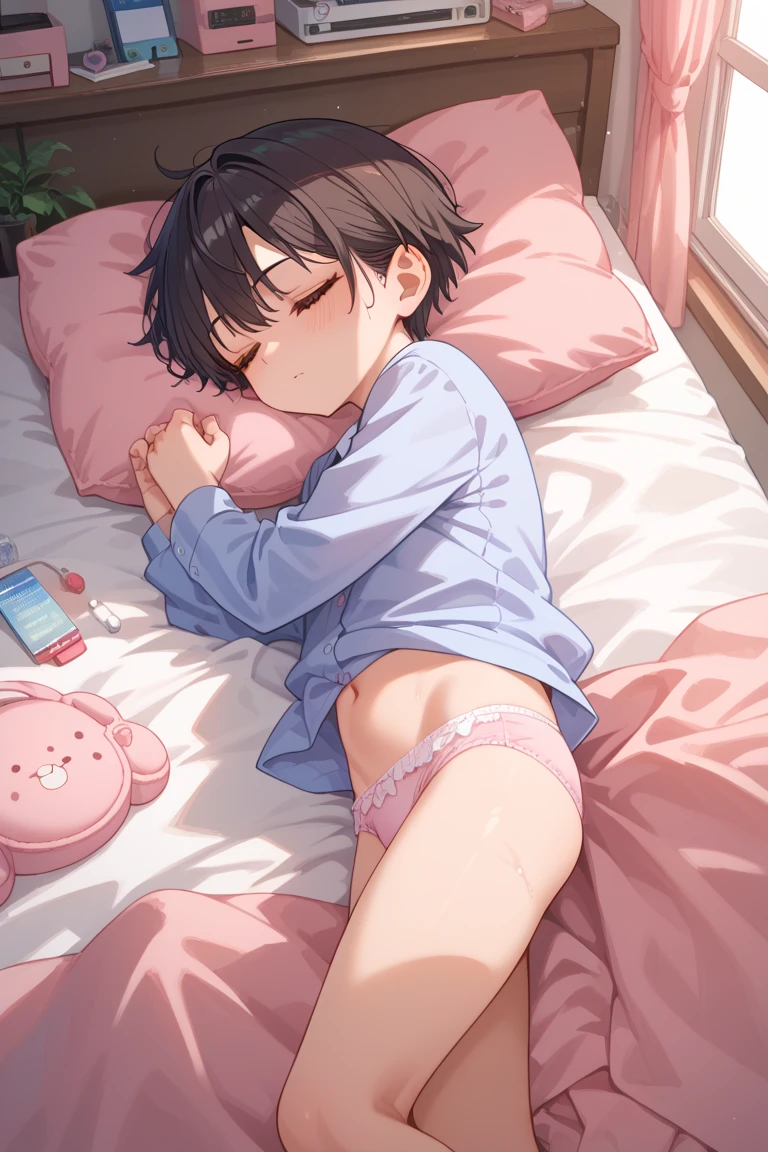 Browsing Caution,Sweat,white breath,1 Shota crossdresser,One Shota boy,Large areola,White steam,Side view,Heart Eyes,Futanari,Drooling,((Shake your body)),Cum on ass,Doggy style sex,Sleeping Back