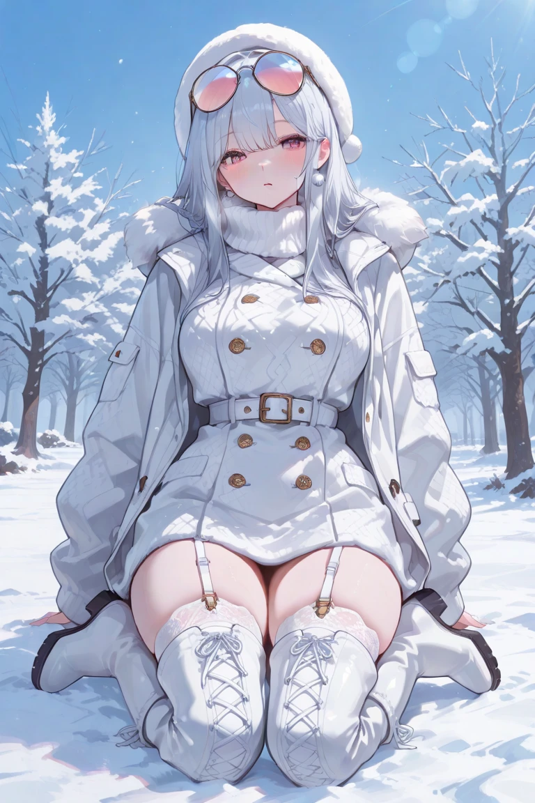 full body photo of a beautiful naked woman wearing white fur coat hat stockings boots and gloves, winter, snow, (pins in the nipples)