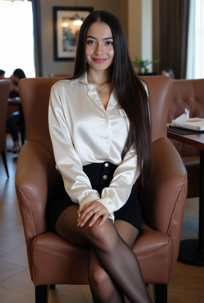 create a beautiful 21 year old woman with, black hair, long hair, white , smiling, high quality, white skin, beutiful white skin, clear skin, bright skin, blue eyes, makeup, in office, business outfit, business outfit with stockings, looking out of the window, standing near window, good weather, sun is shining,