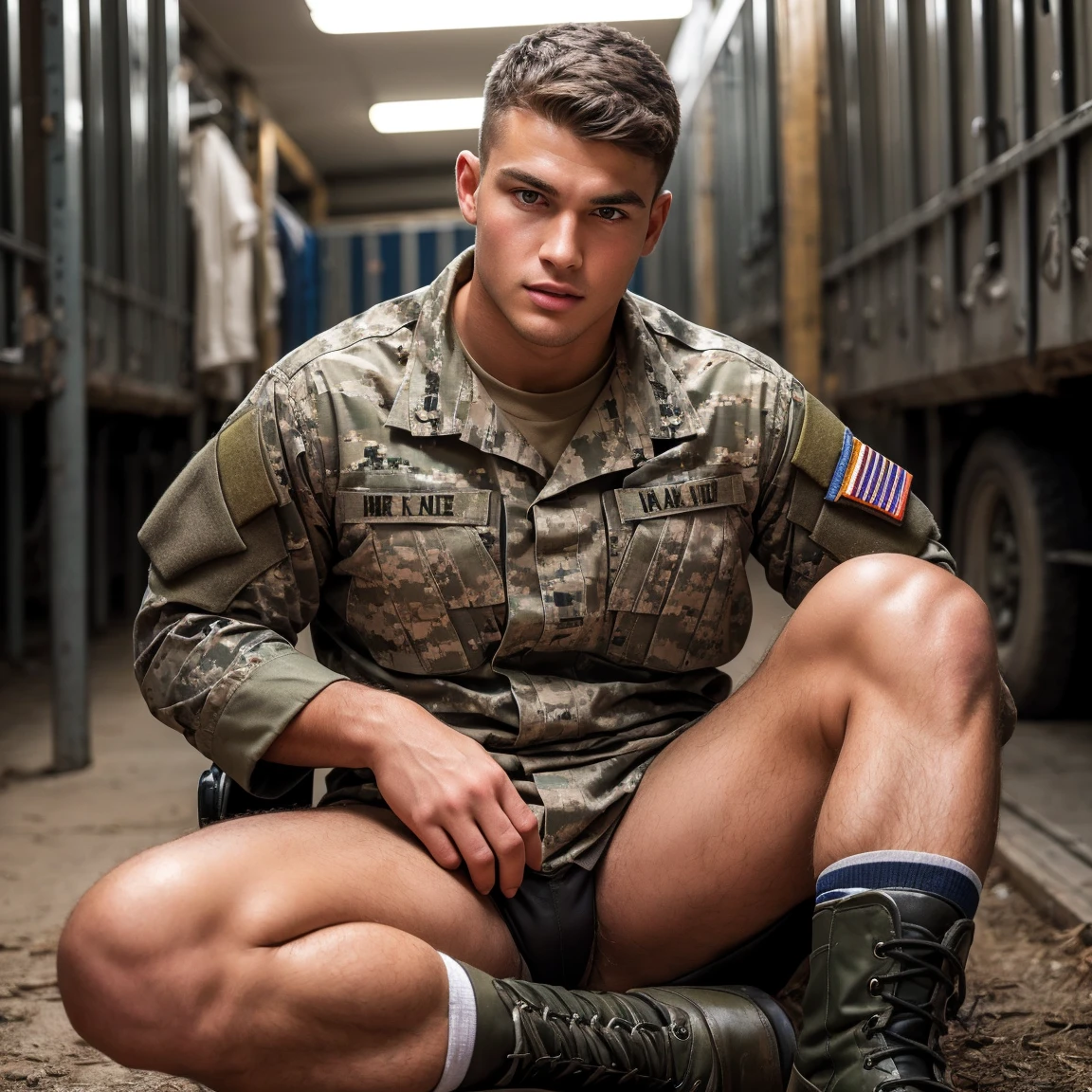 llustration in Leyendecker style : Age - 26 years , —sexy blonde master sergeant Wyatt Logan, U.S. Army Delta Force Officer and Soldier , in uniform, half-dressed , In bed getting ready for sex . Big and Thick Dick ,erection