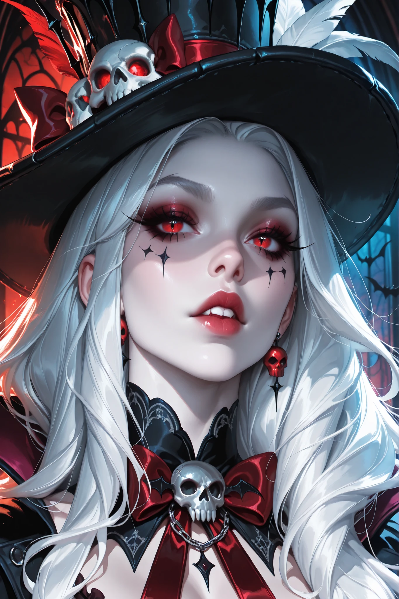 fantasy art, gothic art, (masterpiece:1.5), full body best details, highly detailed, best quality, WitchcraftPunkAI,  highres, full body portrait of a vampire, elf (Masterpiece, best quality: 1.6), ultra feminine, wizard, (intricate details, Masterpiece, best quality: 1.5) with a long curvy hair, blond hair, (red:1.3) eyes, (fantasy art, Masterpiece, best quality), ((beautiful delicate face)), Ultra Detailed Face (intricate details, fantasy art, Masterpiece, best quality: 1.5), [[vampiric fangs 1.5]] (white cloak: 1.3) , flowing cloak (intricate details, fantasy art, Masterpiece, best quality: 1.3), wearing an intricate (black: 1.2) dress (intricate details, fantasy art, Masterpiece, best quality: 1.5), high heeled boots, urban background (intense details, beat details), fantasy, at night light, natural ,moon light, clouds, gothic atmosphere, soft light, dynamic light, [[anatomically correct]], high details, best quality, 8k, [ultra detailed], masterpiece, best quality, (extremely detailed), dynamic angle