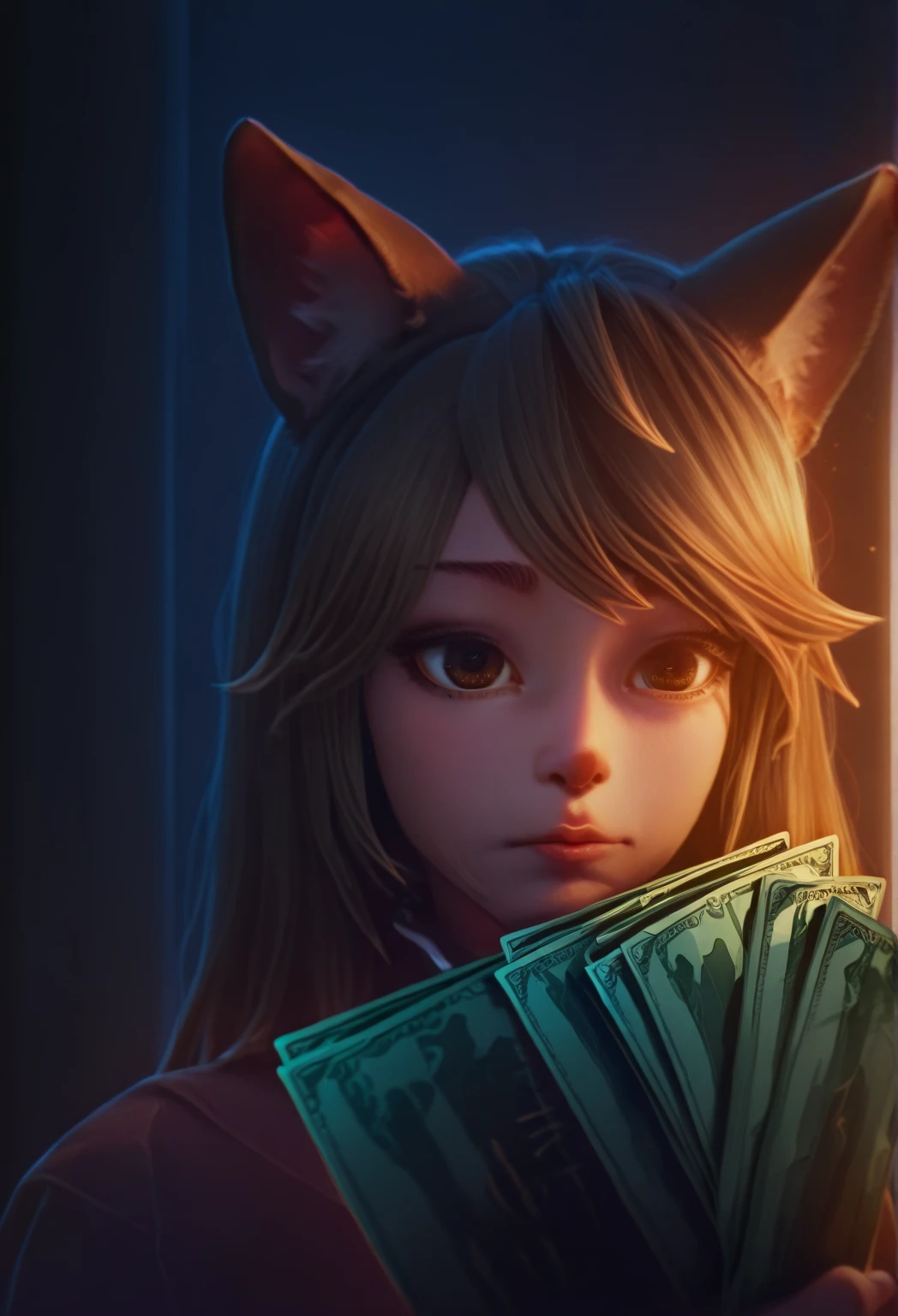 cat girl holds money, cat with money, 4k, highly detailed, realistic, deep focus, difficult environment, complex lighting, portrait, фотоrealistic, professional, HDR, UHD, studio lighting, ultra-detailed, Sharp focus , photographic, bright colors,