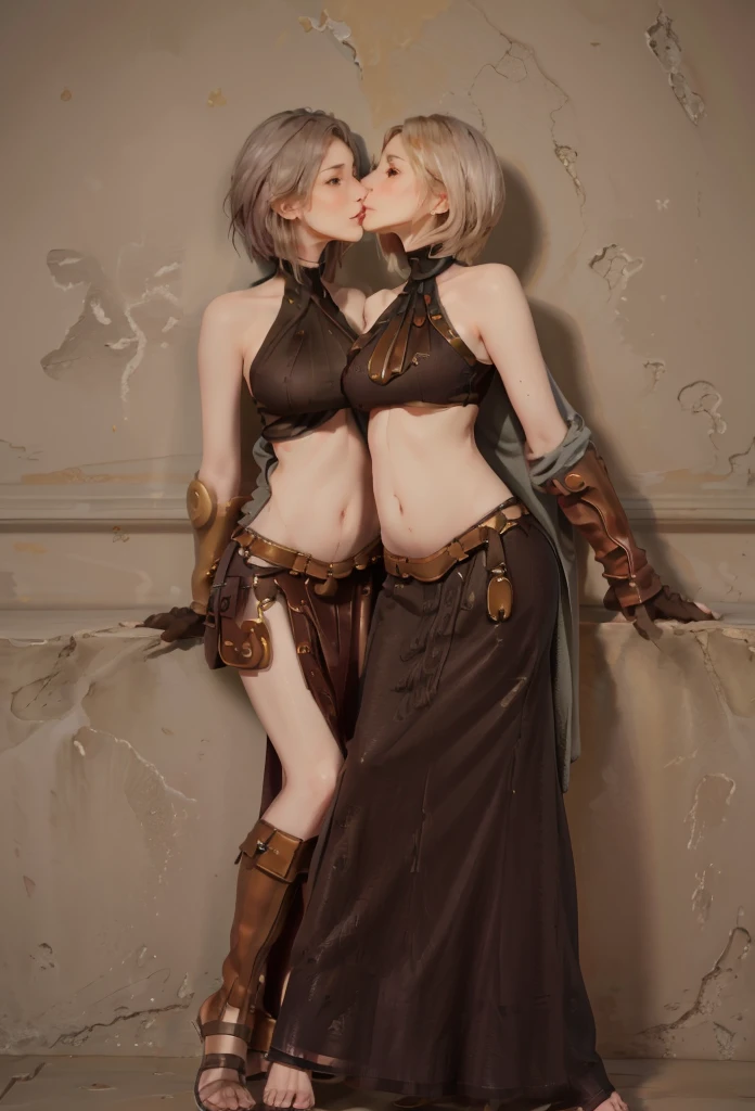 Two cute girls, battle scene,nude, pretty eyes, cool expression, short hair, full body shot, portrait quality, 8K resolution, rich details, small round face, maid outfit, hand cupping face, rose hair accessory, fair skin, large sword in hand, mood lighting, aperture f/1.2
