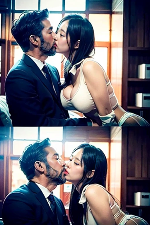 NSFW, (Masterpiece, Best quality, photograph realistic:1.4), (Shiny skin), (hyper HD, 8K wallpaper, high resolution), Perfect anatomy, Cinematic lighting, Physically-based rendering, Award-winning, Extremely detailed skin, extra detailed face, Eyes with beautiful details, Carl Zeiss 85 mm F/1.4, Break, (((1 Men and mature women, Having sex:1.3))), (upright straddle, Face to face:1.5), On the floor, Break, Very lovely 29 year old woman , ( Yellow wavy semi-long hair and bangs), mediuml breasts,, (Wet red school top unbuttoned, Navy pleated skirt lift, black knee high socks, Loafer shoes:1.3), (1girll: nase, Blush mischievously, Drooling, Almost closed his eyes:1.1), (1人: A handsome (old man), Wearing a recruit uniform and (He grabbed the girl's breasts) Without expression:1.3), Break, (In the midnight classroom, Moonlight), Look straight ahead, View from below,