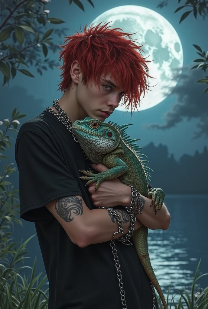 A boy in a black t-shirt and chains with red hair, hugging his little iguana under the moon 