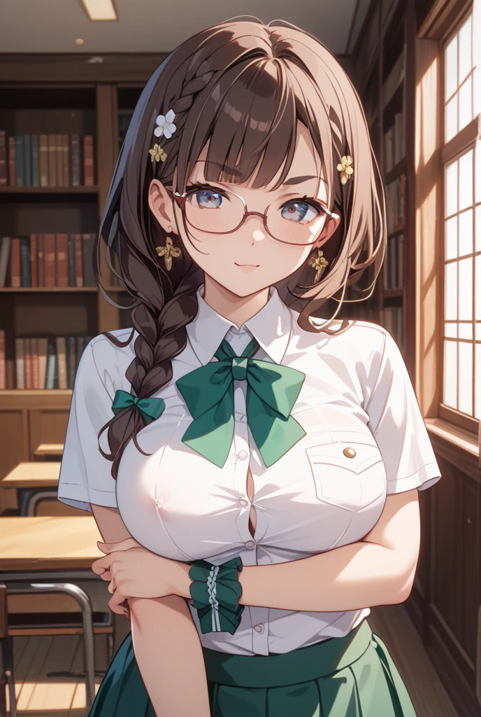 (((masterpiece, Highest quality, High resolution, 超High resolution, Perfect Pixel, Depth of written boundary, 4K, RTTX 10.0))), Beautiful Anime Woman, Beautiful art style, Anime characters, ((Smooth texture, Realistic texture, Anime CG Style)), Perfect and accurate finger count、Exact number of legs、(Exact number of arms:1.0, Exact number of hands:1.0), (Perfect hands, Perfect Anatomy), Cinematic, Realistic, Extremely detailed CG, Perfect lighting, Best Shadow, The best natural light, whole body, Perfect body, バランのとれたPerfect body, Perfectly balanced style, Soft body, ((bangs, Dark brown hair, Short Ponytail)), ((A cute adult woman is holding a book in one hand and giving a lecture, Holding an open book:1.8)), ((Bow tie around neck, Glasses:1.3), (Sexy and cute white underwear:1.3), (Stylish shiny white satin panties, Side-tie white panties, Panties with plain white center and lace decoration on the sides, Thin white panties with red ribbon:1.4), (White micro lace satin bra, White bra with large lace trim around the edges, Open cup white bra, A gorgeous white bra with lace, Thin bra with red ribbon:1.4), (lace garter belt, Garter Strings, Knee socks:1.3):1.3), (Beautiful big boobs:1.1), (Embarrassed expression:1.7), blush, (School classroom, Blackboard and lecture desk in the background, During class:1.7), naked, belly button, In underwear, ブラとパンティとガーターベルトとKnee socksのみ, (Frilly maid headband:1.1), Angle from the front