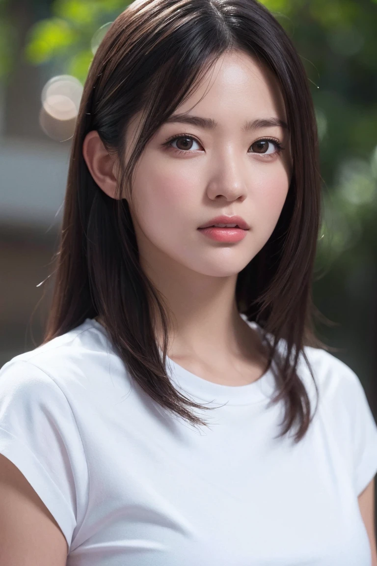Japan Girl,beautiful girlfriend,a beauty,Raw foto,8K,morning sun lighting,Gray T-shirt and jeans miniskirt,Smooth long hair,A dark-haired,A detailed face,Detailed skin,Detailed eyes,(Slim body:1.3), girl in,About 23 years old,
