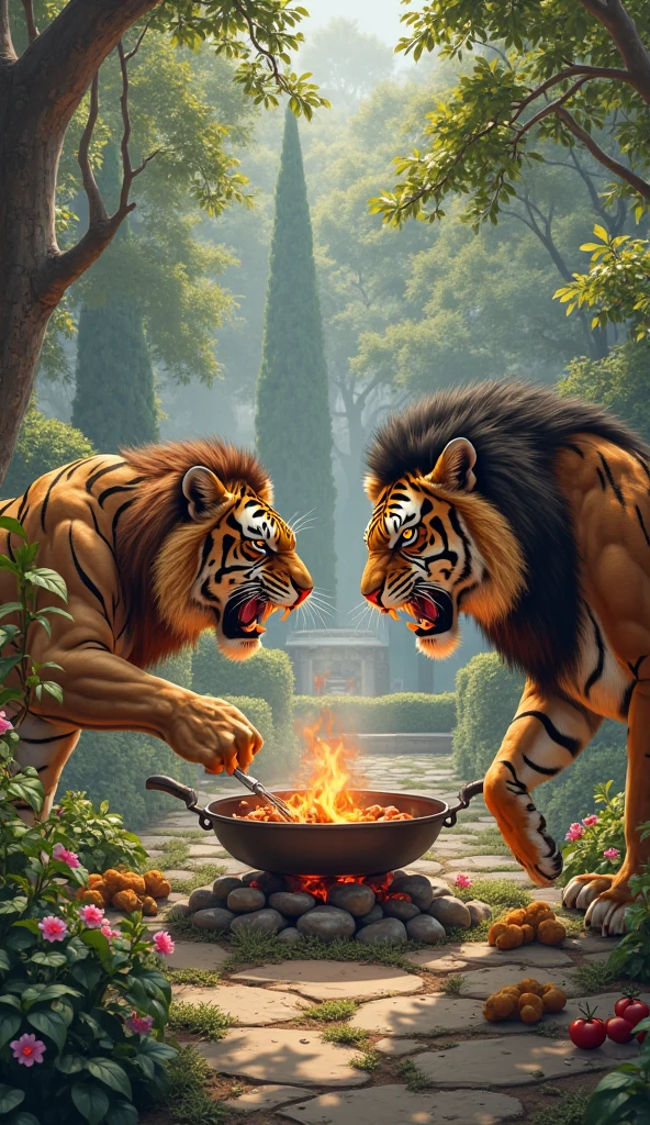 Kerala fish market  in kashmir with black panther cleaning the fishes and lion cooking in a Indian attair 



