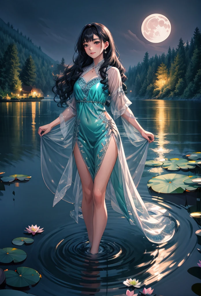 woman,detailed face,detailed eyes,sparkling dress,vibrant background,water element,cascading water drops,glowing lights,dreamy atmosphere,crystal-clear reflections,ethereal beauty,dramatic colors,gleaming jewels,soft and flowing lines,delicate details,wavy hair,subtle makeup,fair complexion,serene expression,focused gaze,lush greenery,sunlit garden,tranquil waterfalls,majestic hibiscus flowers,dancing butterflies,enchanted garden vibes,whispering breeze,sun-kissed skin,effortless grace,graceful movements,endless echoes of laughter,magical femininity,heavenly glow,exquisite elegance,fascinating charm,mystical aura,timeless beauty,enchanted moments,perfection in every stroke,etailed eyes, detaield hands, detailed face, elf woman, full body
