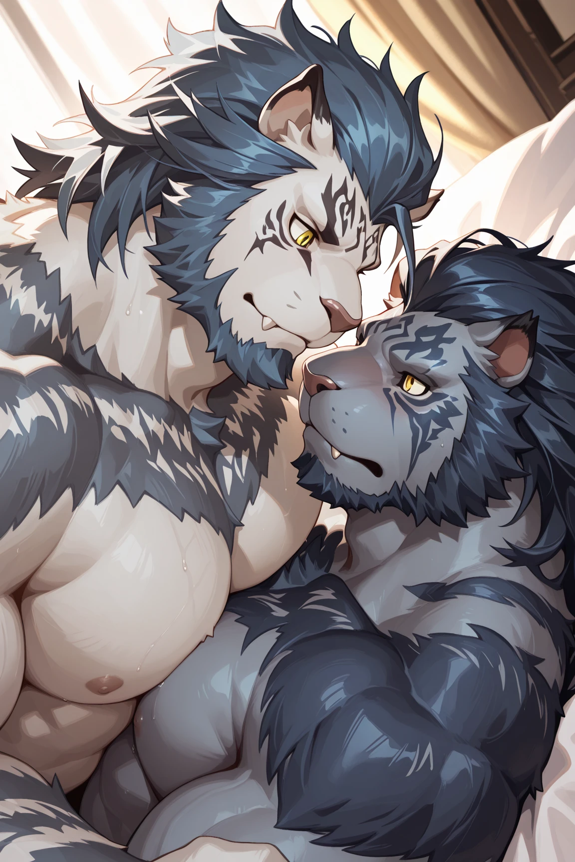 masterpiece, High-quality, male-furry, white-tiger, white-fur, black-fur, yellow-eyes, bar-background, nsfw, gay, nudity, small-penis, white-skinned, black-fur-srtipe, orange shade, teenager