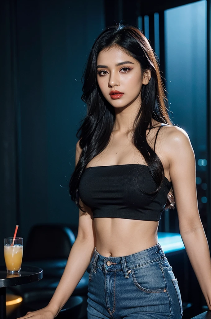 8K,(best quality,high definition,masterpiece:1.3),Tall and beautiful woman,slim abs, Dark hair with loose wavy style,small breasts, Chinese girl, looks like Linda Evangelista, high forehead, looking straight at us, very thin face, sharp cheekbones, plump lips, thin neck, hyper realistic quality, energetically dancing in a nightclub, wearing a black tank top, spaghetti straps, light blue denim cargo pants, Beautifully rendered facial details and skin texture, RAW photo, Highly detailed skin, photographed on a DSLR camera, Canon 5D camera.