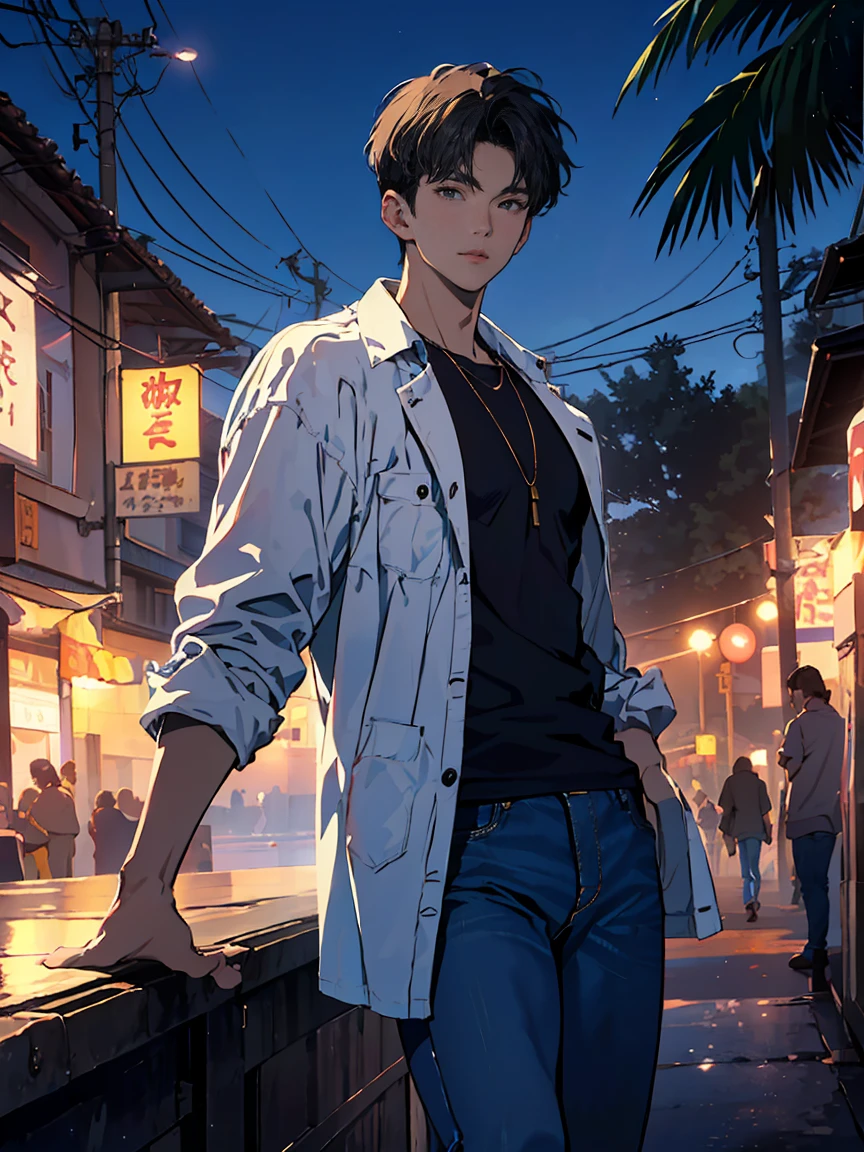 pastel , 1980s Style ,Colored pencil drawing，( Highest Quality:1.2, Highly detailed, Newest,  masterpiece:1.2,  BEST AESTHETICS),((最高masterpiece)),(((Highest Quality)))high resolution、((Cool Summer Model Style、Cool and Handsome Poses、 :1.4))((((      18 year old handsome man      、colorfulな髪色,Cool casual clothes、vintage jeans、)))), (colorful),,cinematic lighting,{X} Highly detailedなCG Unity 8k壁紙 LIGHT, Fantasy Shots Taken with Nikon Z7 II Mirrorless Camera,bright night beach background、Scenery of the fireworks festival       、Night view gradation。