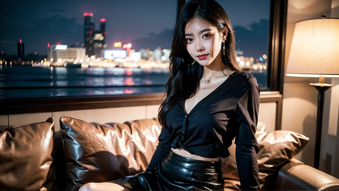 ((midynight, Acura, 8K, tmasterpiece: 1.3)), full bodyesbian, long leges, Focalors: 1.2, perfect figure beautiful woman: 1.4, Slim abs: 1.1, (dark brown hair,: 1.2 )), (Pink skinny T-shirt, short skirt,sitting on a stool: 1.2), (city night scene, the roof: 1.3)), Highly Detailed Face and Skin Textur, detailedeyes, 二重まぶた,