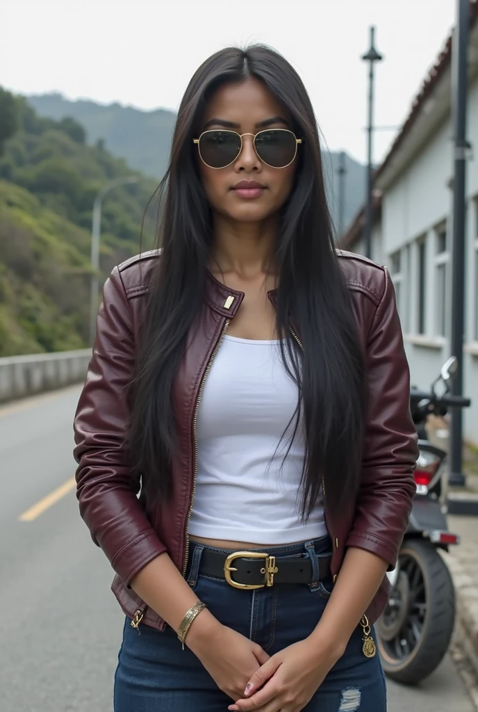 ((best quality)), ((masterpiece)), (detailed),
A 21 year old beautiful Indian girl with long hair smiling face beautiful eyes wearing a brown leather jacket and jeans pant sitting in a gangster look badass pose style full pic ponytail hairstyle wearing sunglasses in eyes