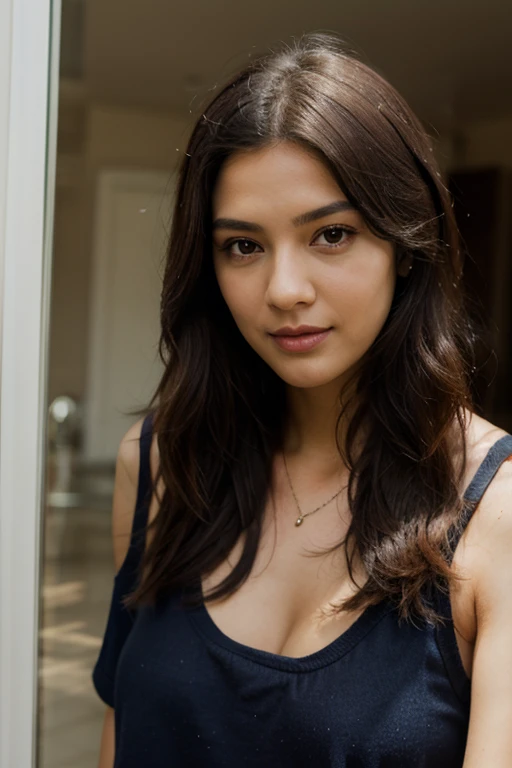 A breathtkain cinematic photo of a 40 year old woman with Arab and Asian features, beautiful, wearing a slight smile, fair-skinned, broad shoulders, large chest, long black hair, mysterious gaze, long neck, small nose, perfect, pink lips, delicate eyebrows, long eyelashes, perfect body, detailled skin texture, (blush: 0.5), (goosebumps: 0.5), epic hollywood film, ((best quality)), ((ultra resolution)), ((photorealistic: 1.4)), (intricate details), makeup: 1.5, facial details, front view ((uniform, teatcher costume))