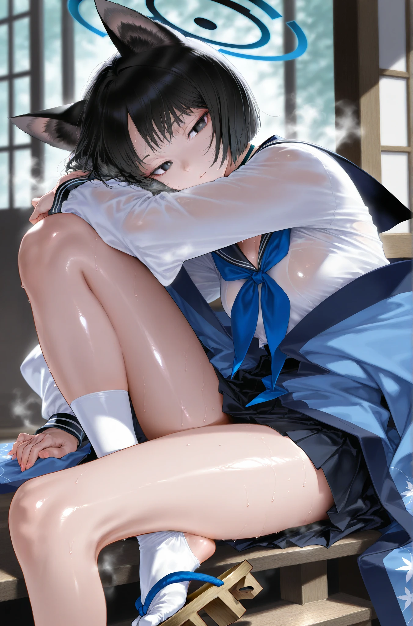 ulzzang-6500-v1.1, (RAW PHOTO:1.2), (photot-REALISTIC,:1.4), beautiful detailed girls, highly detailed eyes and faces, Beautiful Detailed Eyes, s ridiculous, unbelievably ridiculous, Huge File Size, Super Detailed, highres, very detail, sthe highest qualit, Master peace、, Kemomimi, ((Japanes girl' high school uniform)), An illustration, very detail, UHQ, unification, 8k wallpaper, splendid, Fine details, Master peace、, sthe highest qualit, very detailなUHQユニフォーム8k wallpaper, Light on the face、Movie lighting、16-year-old girl、((witheout panties))、((dynamic posing)))、(camel toes)、(Half)、(pantyhose、、、、)、(Sitting on legs bending the knees))、short haired、ple short hair、long neck、Put your ears out、bangs、bigger eyes、Lashes、a Pretty、Very cute