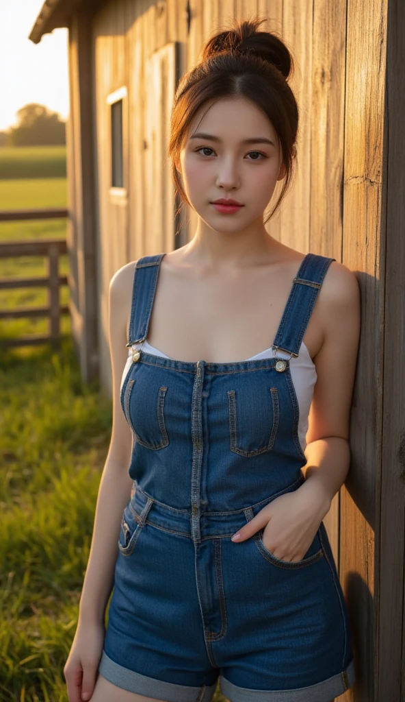 A girl stood in the middle of a chicken farm full of chickens,short ponytail,bare shoulders,flat chests,apron,arms behind back,showcasing industrial photography,realistic scenery,photography carnival,wildlife photography,aurora punk,animal and human styles,upper body,