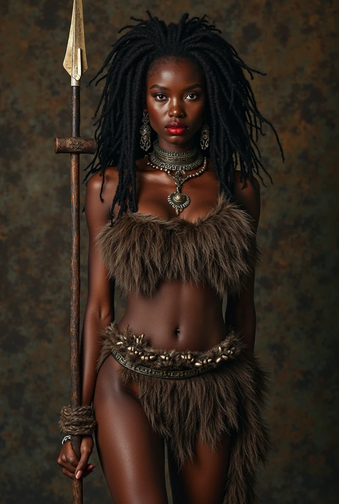 Really dark skinned
Only one 2 woman
Really dark skin
Really dark skin
Green eyes
Long hair with lots of African three hundred
Using a torn piece of cloth to cover her breasts
Using a piece of cloth and wolf skin as a skirt
Barefoot