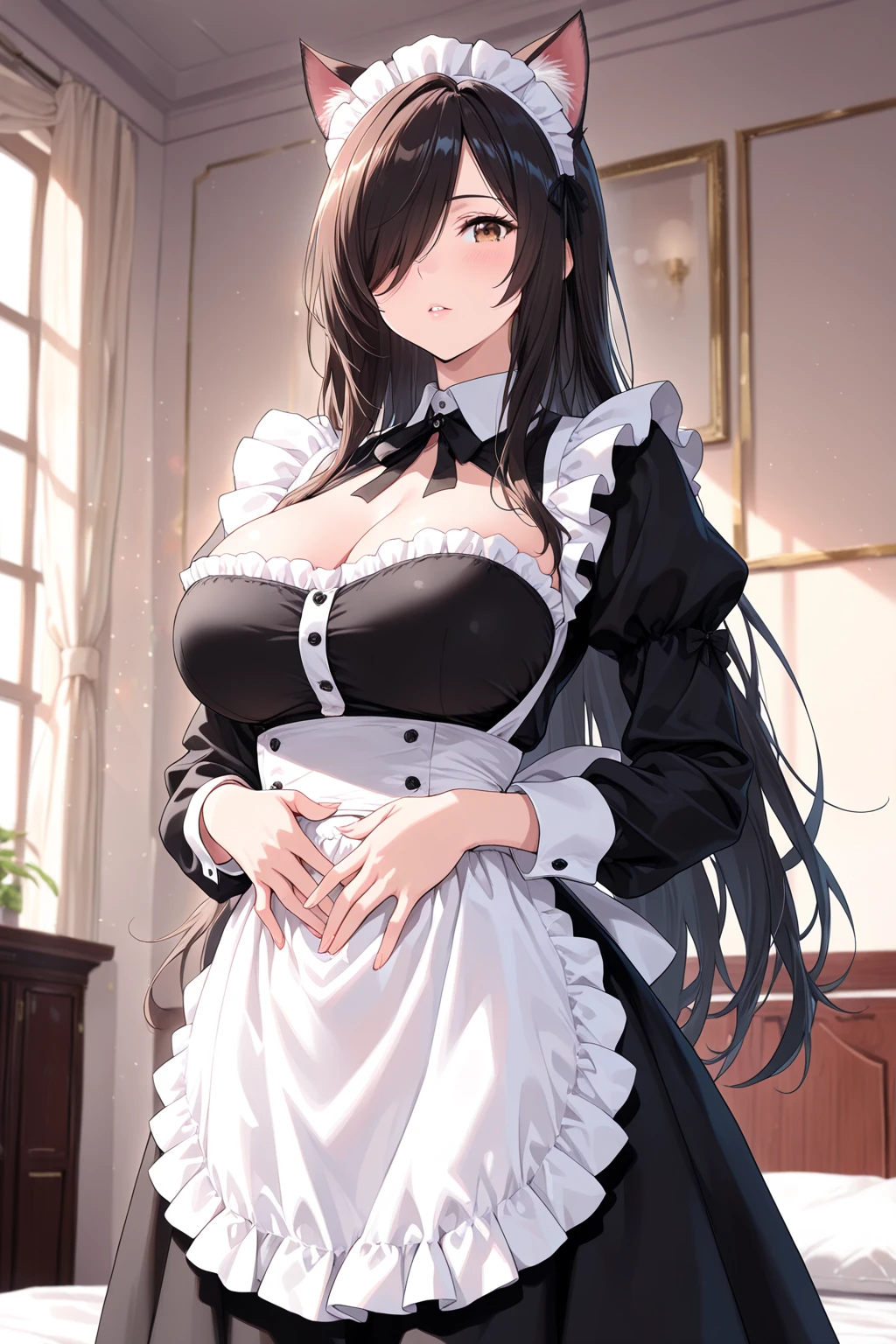best quality, masterpiece, highres, solo, {maid:1.40}, {long maid dress:1.15}, {taiho_azurlane:1.15}, black_hair, long_hair, red_eyes, bangs, breasts, hair_between_eyes, large_breasts, ahoge, cleavage, very_long_hair, blush, hair_ornament, smile, collarbone