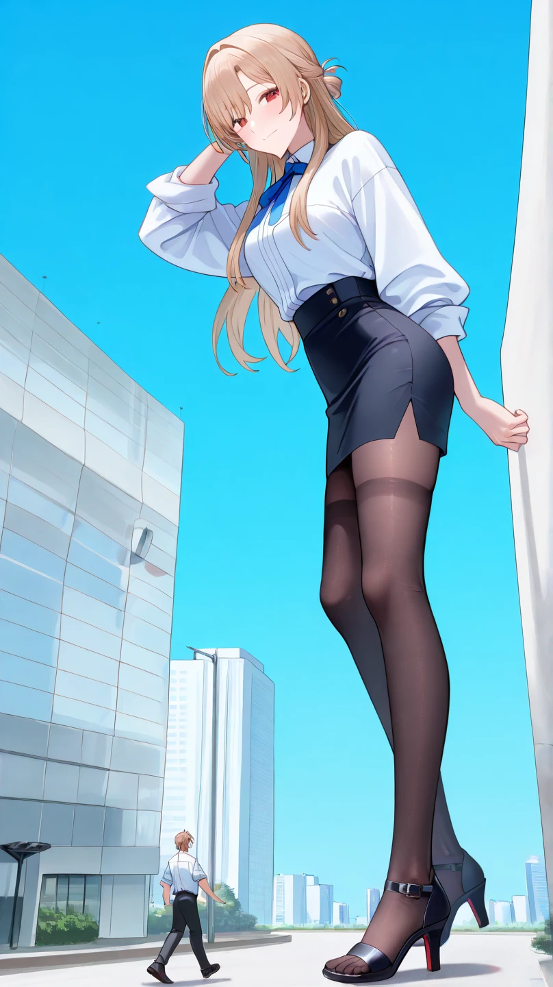 25 years old、pretty、short hair， Black Hair，camisole，Pencil Skirt，White_,Black pantyhose，bend over， is，Thigh coordination、from below angle