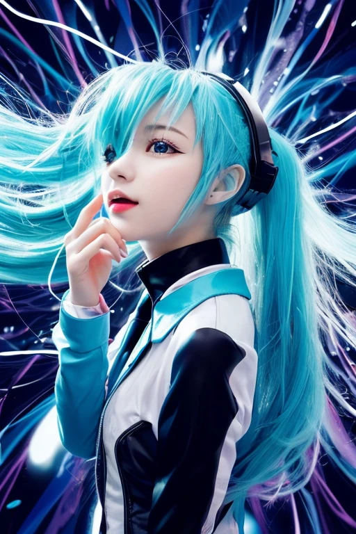 40-year-old Japanese woman、Black Hair、Hair is very short、Twin tails、Hatsune Miku Costume、Headphones、Flat Chest、Realistic photos、Realistic、8K quality、expensive、No bangs、High resolution, Highest quality, Anatomically correct, Winner of numerous awards, looking at the audience, large watery eyes, (rainbow colored hair：1.6), color splash, （solo：1.8）, color splash, color explosion, thick paint style, messy lines, ((shining))，(colorful), (colorful), (colorful), colorful, Thick Paint Style, (Splash) (Color Splash), Vertical Painting, Upper Body, Paint Splash, Acrylic Pigment, Gradient, Paint, Highest Image Quality, Highest Quality, Masterpiece, solo, Depth of Field (elegant: 1.3), (((masterpiece))),(((best quality))),((ultra-detailed)),(illustration),(dynamic angle),((floating)),(paint),((disheveled hair)),(solo),(1girl) , (((detailed anima face))),((beautiful detailed face)),collar,bare shoulders,white hair, ()),((streaked hair)),beautiful detailed eyes,(Gradient color eyes),(((colorful eyes))),(())),(((high saturation))),(((surrounded by colorful)、ストリートスナップ