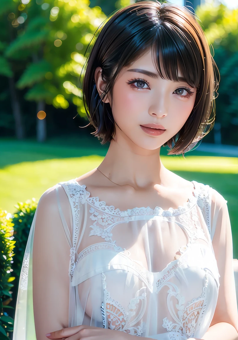(Ultra-realistic), (figure), (High resolution), (8k), (Very detailed), (Best figure), (Beautiful and detailed), (Highest quality), (Super detailed), (masterpiece), (wallpaper), (Detailed face), alone, One Girl, watching viewer, Trendy clothes,Less exposure、Fine details, Detailed face, In the Dark, Deep Shadow, Modest, Pure Erotic Face Ace_v1, cool, short hair, Pointed diagonal bangs,In a beautiful forest、Fairy、Angel