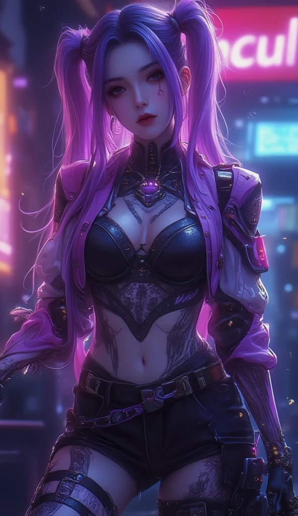 A girl cyberpunk, ultra UHD, ultra detailed, violet perple cinematic, highres, smiles