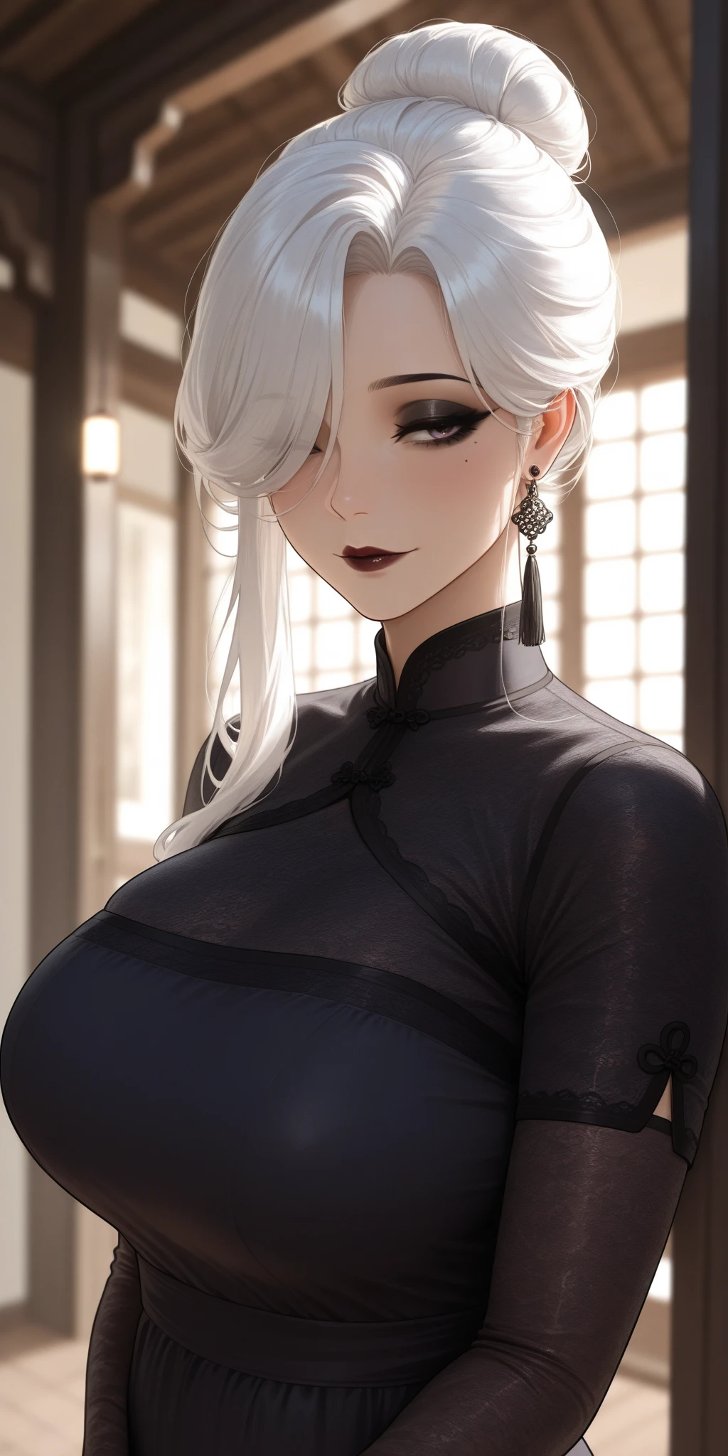 { - anatomy error} (Masterpiece, Best Quality) ultra  8k cg, masterpiece, ((ultra detailed background, delicate pattern, intricate detail)), (highly detailed, fine detailest quality, 1girl, (photorealistic:1.4),beautiful lighting,  absurdres, RAW photo, film grain, ((big breasts, slim girl)), 1girl, MeiMei, solo, long hair, braid, dress, hair over one eye, smile, long sleeves, braided bangs, black dress, braided ponytail, white hair, puffy sleeves, standing, blue opal eyes, turtleneck dress, makeup, grey hair, red lips, one eye covered, lipstick, parted lips, single braid, (complex detailed background, outside,  environment, cowboy shot, from behind), crow background, long chandelier earrings 