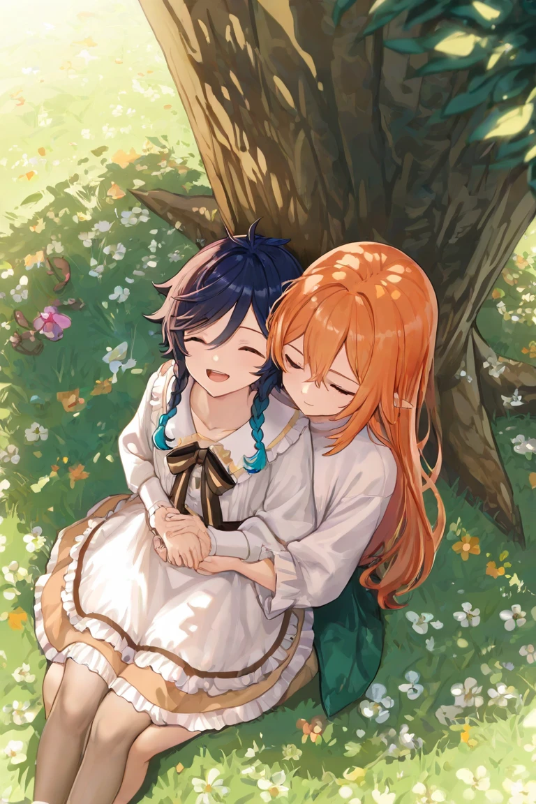 ((art deco,Botanical Art,Floral Art)),(floral:1.2),lily flower,
(masterpiece, highest quality),(vibrant colors,colorful),(amazing details,detailed background),anatomically correct,Accurate drawing,Detailed drawing,high-class sense,
lie down two girls hugging:1.5,woman,nose blush,
(School uniform:1.5),on bed:1.3,