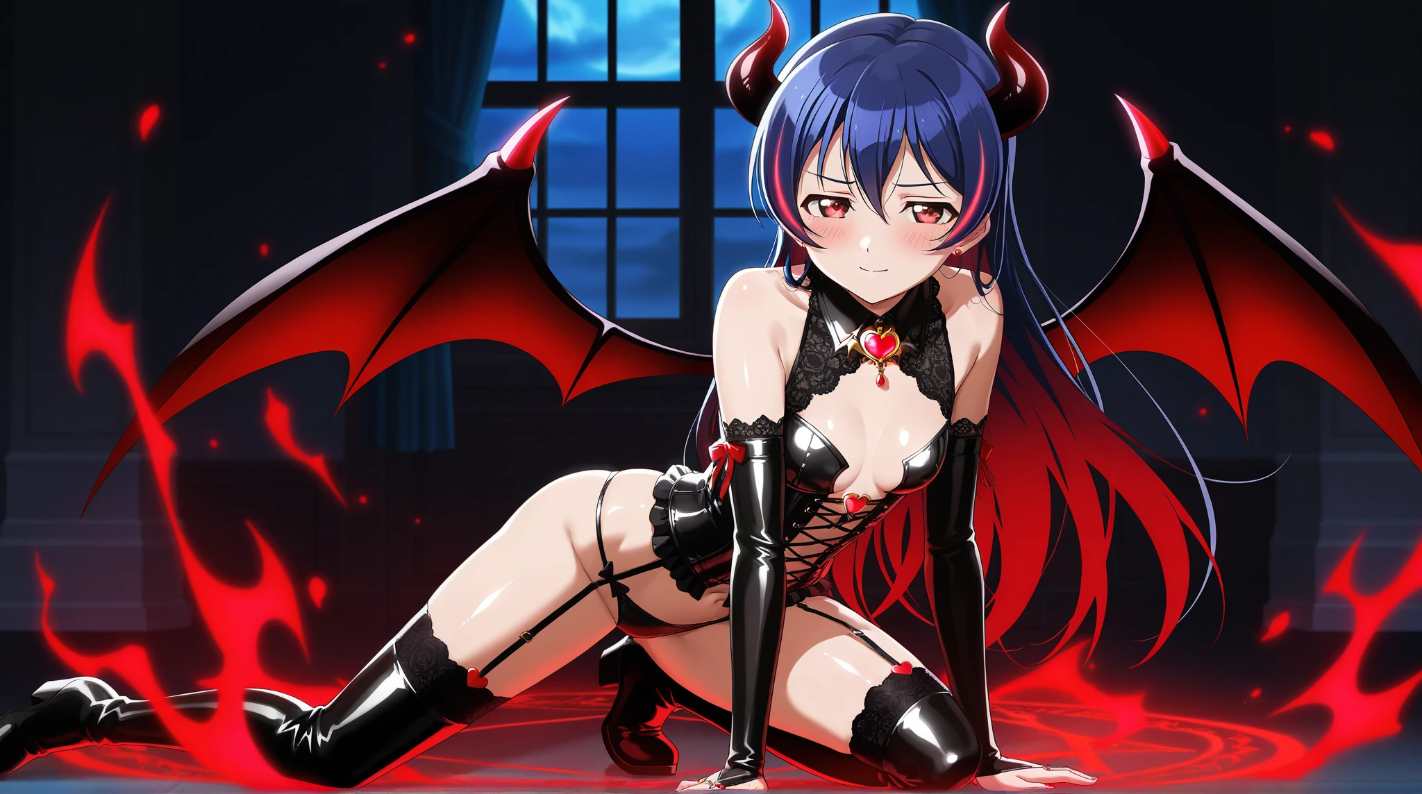 Cute demon girl, dark blue hair, red eyes, , small blue devil horns, cute smile, goth clothing style, skin showing, black tight ripped shorts, full body picture,