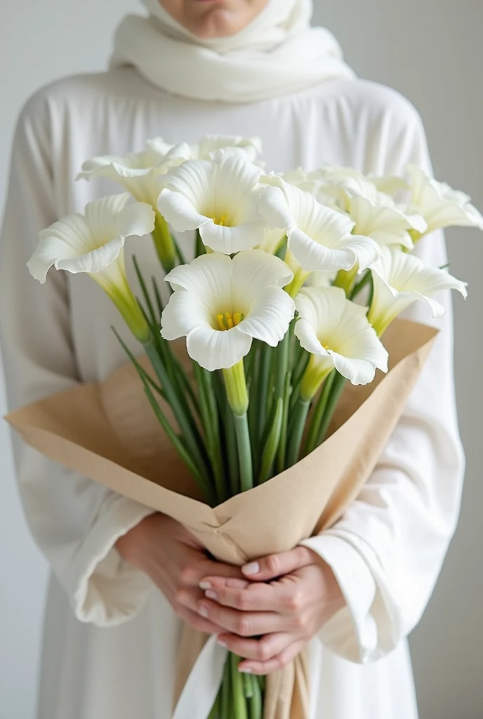 A cute curvy girl of 25 years old with long golden albino hair is left with a bouquet of calla lilies, smile, Realistic, Hyper detailed, Photo, instagram, high quality, 3:1