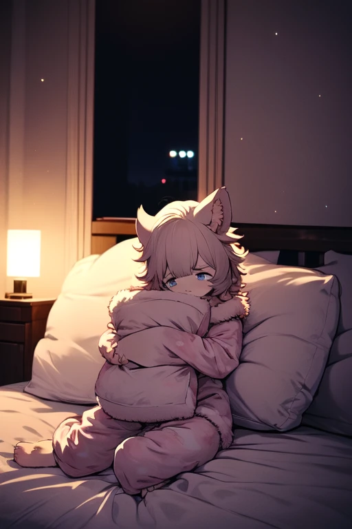 long pink hair, neon eyes, glowing eyes, femboy, neon city, indoor, bed, snowfall, midnight, cat ears, pale pink ears, fox tail, light pink fox,, cute, collar, one tail, god, fur body, full body, lower body is, snow fox, character, masterpiece, fluffy tail, current, lying down, sad, sad, tearful, crying, NFSW, highest quality, 4k, R-18, Full HD