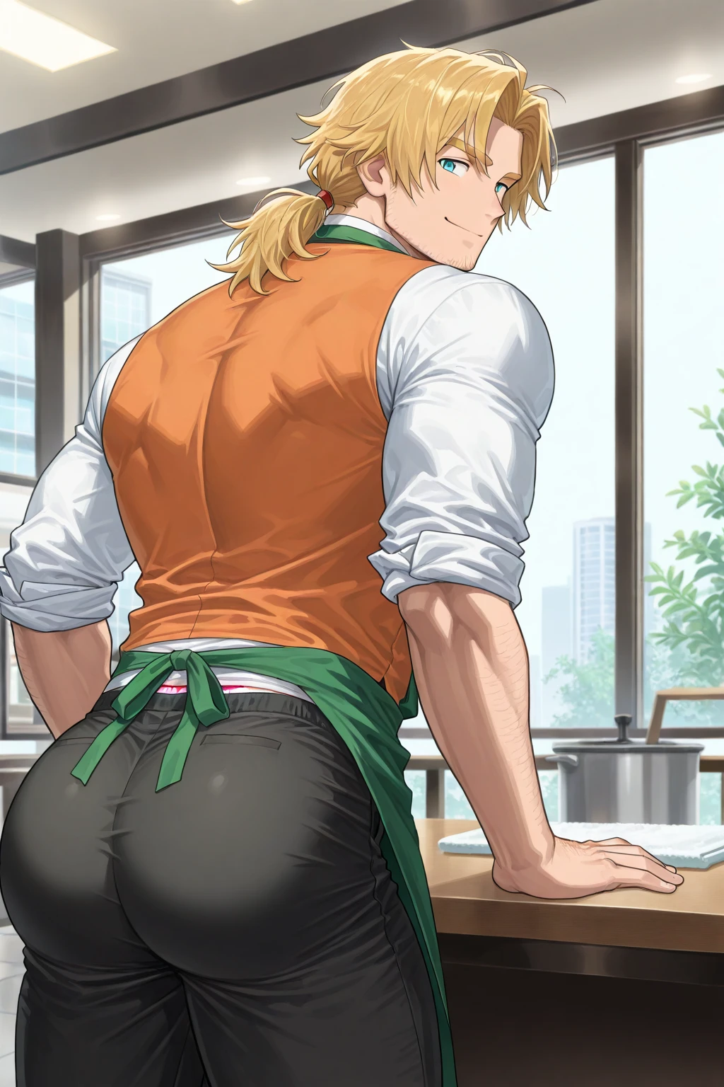 vane /(granblue fantasy/)、muste piece, ,NSFW,best quality,male,solo,beautiful detailed skin、Glittering oiled skin,blush、(white shirt,black apron, cafe uniform,detailed face,blush,Panting、泣いている,orgasm:1.2), complicated and elegant、sexy、 Strong muscles、spread legs,(anal,penis,sex,projectile cum,semen,:1.3),kitchen