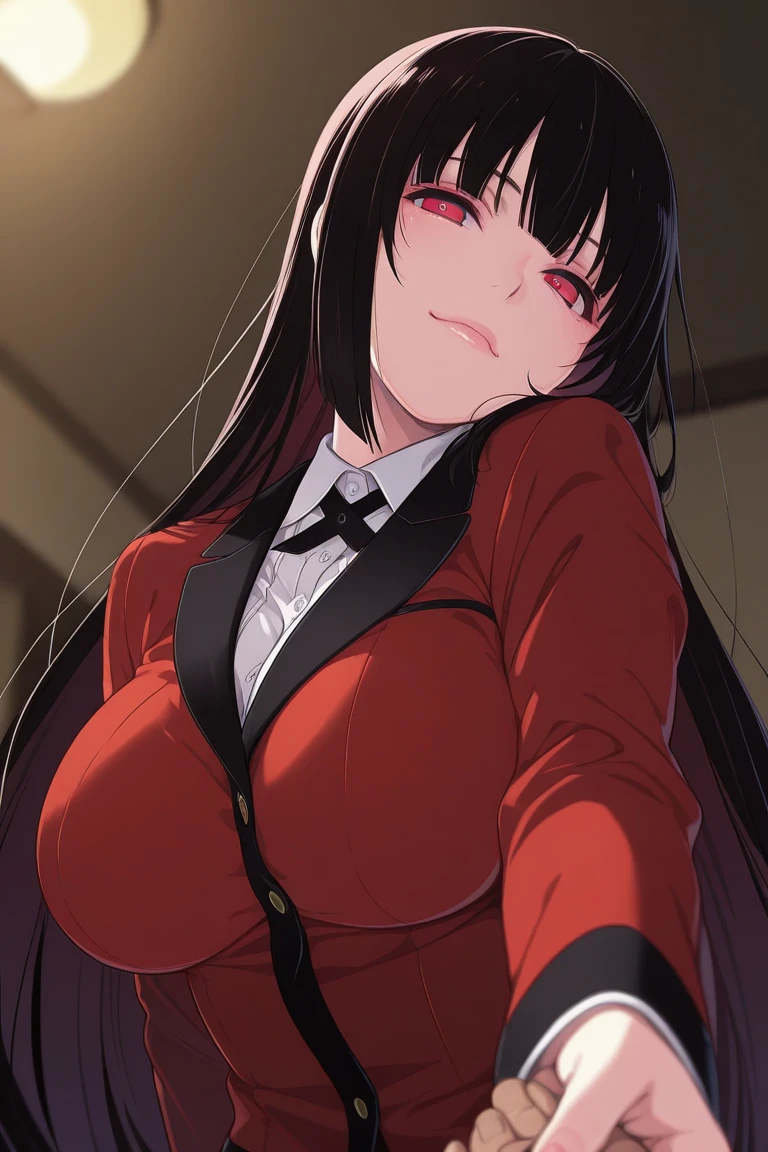 ((highest quality)), ((masterpiece)), (detailed), Perfect Face、Black suit、Black hair girl、Red hair tip
