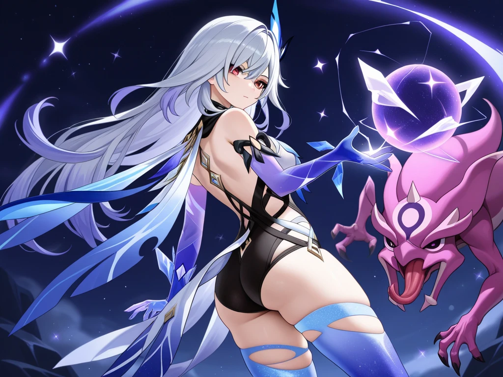highest quality, masterpiece, ultra high resolution,1 girl,succubus,devil's tail,uterus shape tattoo on belly,belly button,Stretch your back,medium chest,Thighs,profile,looking here,cool look,bright background,fantasy,particles of light,
