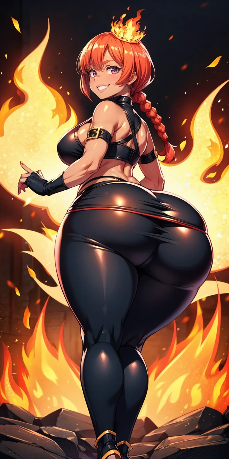 best quality, masterpiece, highres, solo, {dehya_genshin:1.15}, multicolored_hair, long_hair, bangs, blue_eyes, streaked_hair, dark-skinned_female, dark_skin, blonde_hair, black_hair, hair_between_eyes, jewelry, crossed_bangs, halterneck, earrings, animal_ears, breasts, criss-cross_halter, smile, brown_hair, navel, big stomach, hair_intakes, 1 mature female, looking_at_viewer, midriff, gloves, massive_breasts, black_gloves, fingerless_gloves, bare_shoulders, ((big belly, massive belly, chubby, vore belly, fart, back view))