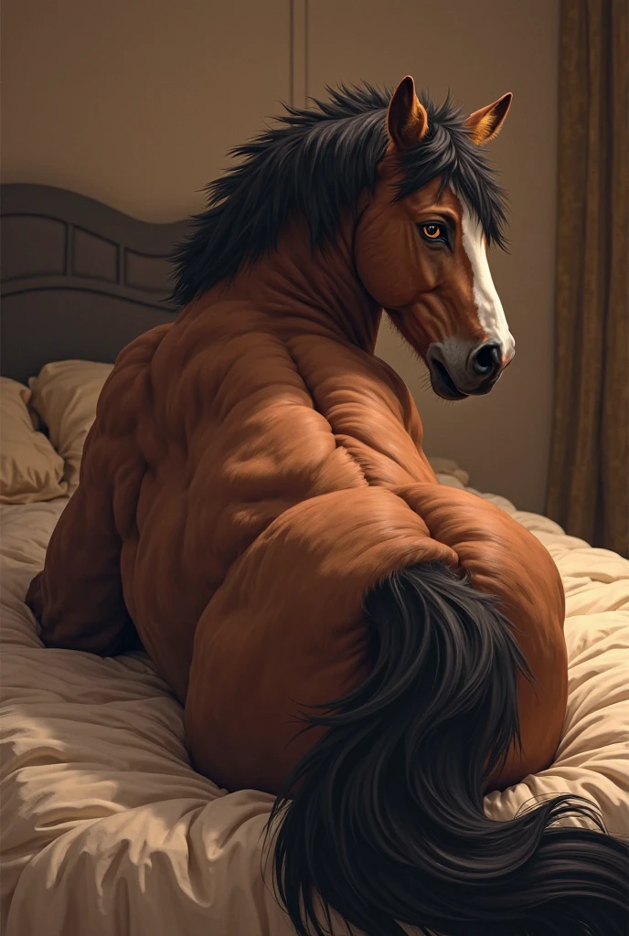 Furry, Antro, [Horse Marron Oscuro metal] , (Lying Face Down), (Back view) , [Fundoshi Bulto Male Big], [Fundoshi BLANCO, Thong White] Solo, [Bulto Male Big], Hooves , Big ASS, Big Balls, Detallado 4k, cuerpo completo, cuerpo furry Marron , fondo Pradera , pupil Eyes blue, Alta resolucion, (horse tail), anatomia perfecta