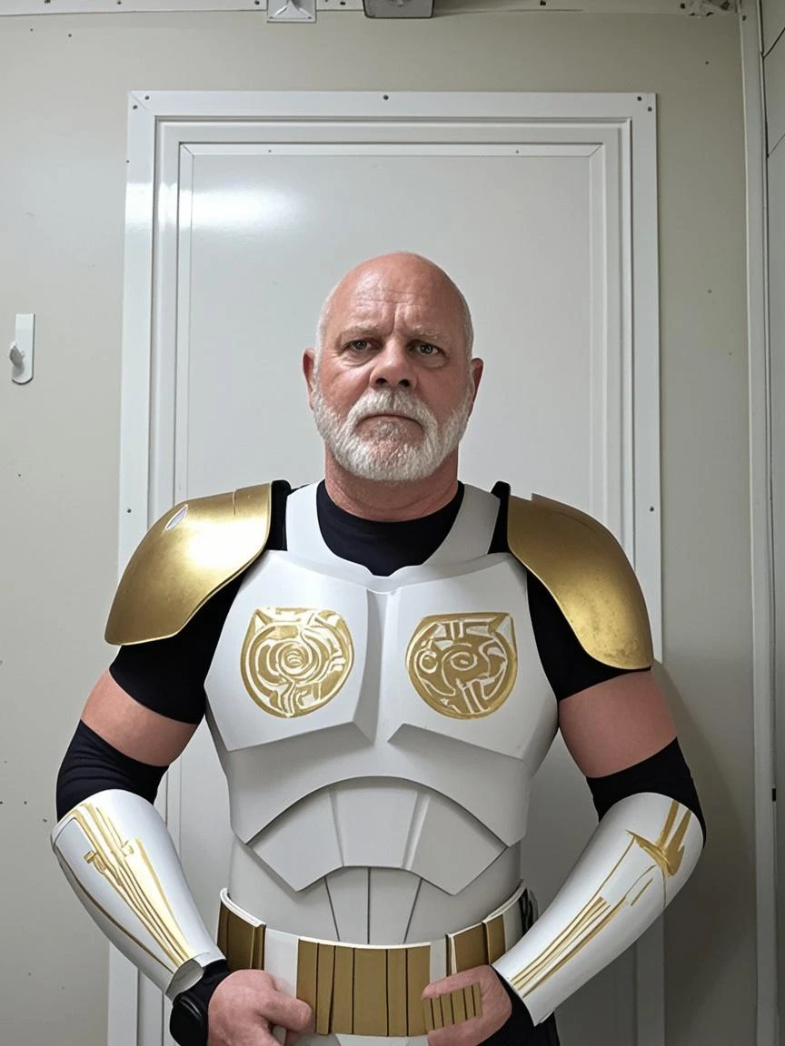 (handsome mature man), (50 yo), white man, wearing a white speedo, wet speedo, dripping wet, bulge, (beefy:1.3), beard, looking at viewer, beautiful man, detailed eyes, symmetric face, smirk, robust, graying hair, sci-fi setting, on an alien planet, exotic alien foliage, wearing a pilot helmet on head, white helmet, x-wing pilot helmet, yellow visor, neon colors, stars visible, futuristic orange latex armour (see-through!), orange armor, neon lights on armour, elbows pads, alien tentacles, kneepads, cool futuristic belt, graying beard, holding a light saber, battle pose,