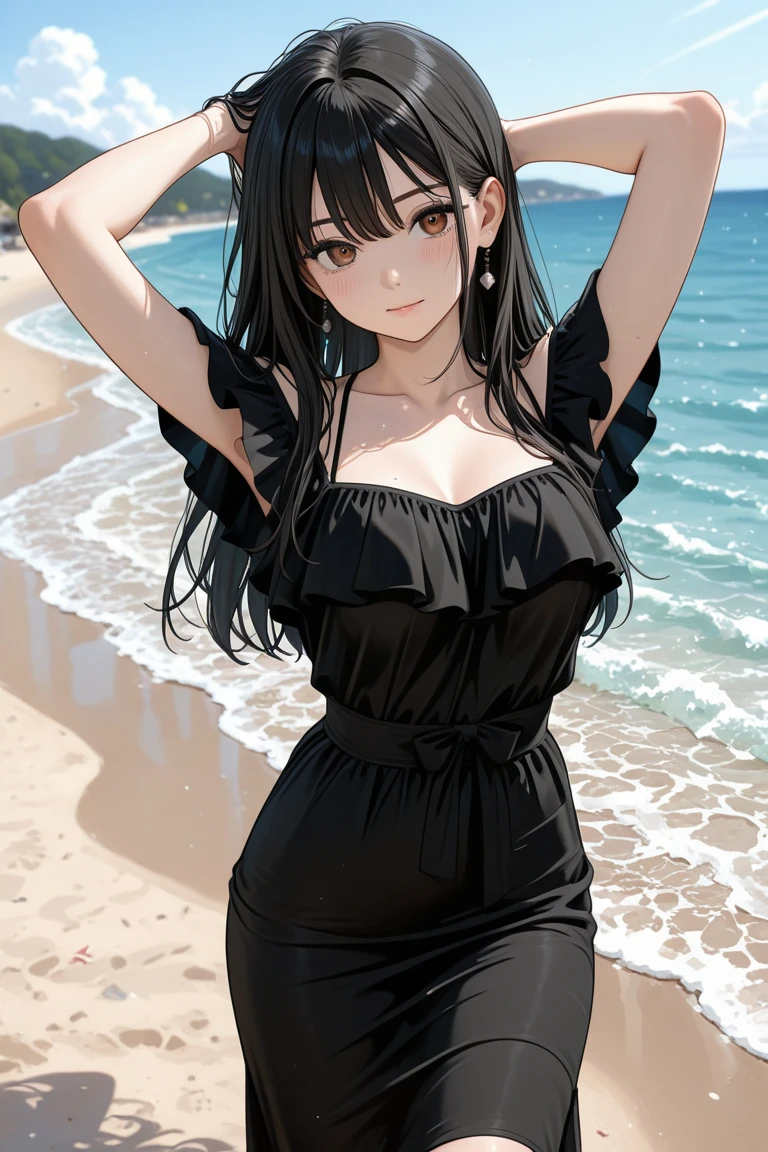 beach,black hair,straight hair,black dress,nipple,Smoking,Super high quality,masterpiece,super high quality,ultra high resolution,Highest image quality,superlative,highest quality,highest resolution,high quality,beautiful,beautiful,High quality,realな質感,real,8K,Fine-grained,