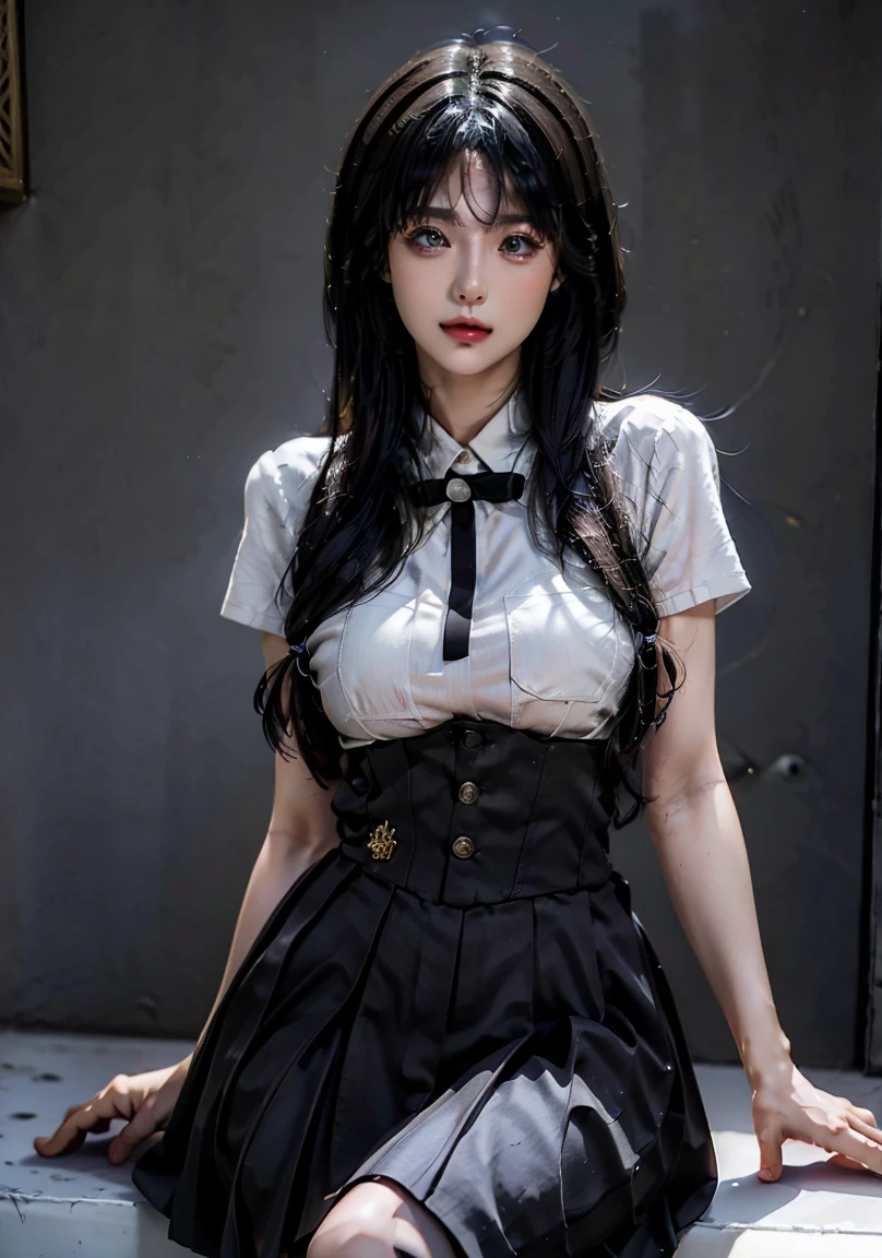 (full figure:1.1), 1 girl as yukino yukinoshita, absurdres, highres, solo, school uniform, small breasts, waist long black hair, (twintails:0.5), (pleated miniskirt:1.4), (black thighhigh socks:1.1), loose red ribbon, unbuttoned white shirt, (ahegao:1.5), (rolling eyes:1.5), (torn clothes:1.5), bare breastss, spread legs,