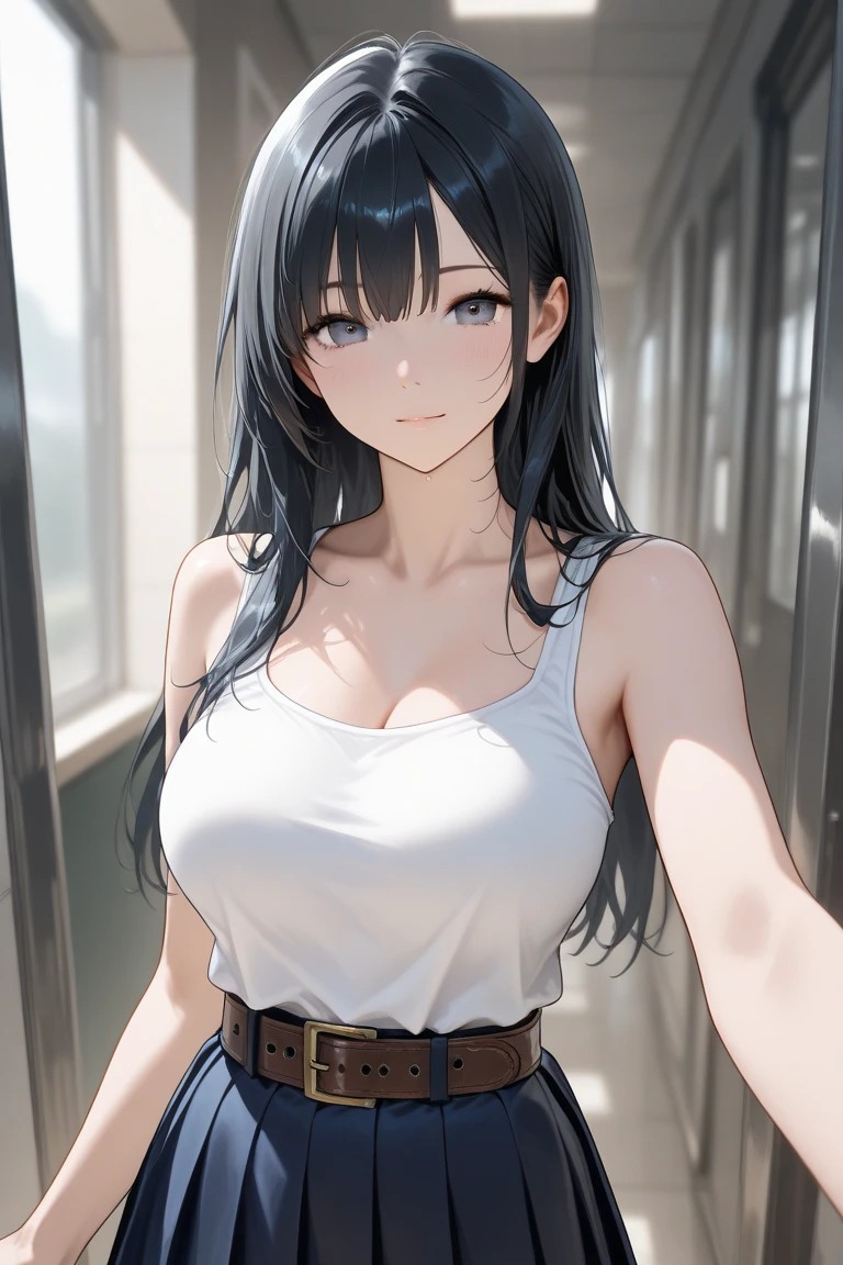最high quality、best image quality、masterpiece、teenage girl((18-year-old、 By becoming、vest bust、medium bust,wide open breast tea、black eye, gray hair、long hair、thin,highest valley、Black Y-shirt、Black Recruit Suit,smile)),high quality、beautiful art、background((in the train))debris flies、Depth of written boundary、movie、visual art、perfect art、8K,genuine