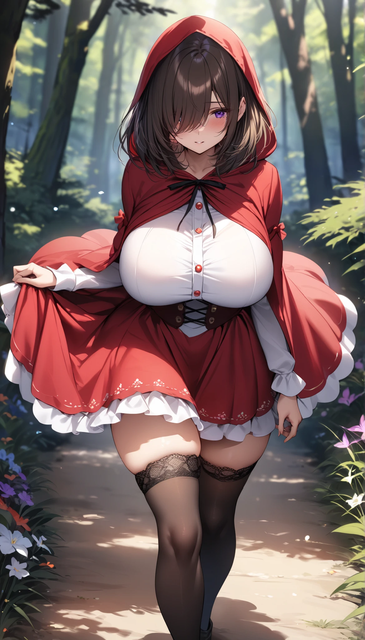 (masterpiece), (best quality), (ultra-detailed), (illustration), (an extremely delicate and beautiful), sagging breasts, disproportionate breasts, 1girl, solo, breasts, looking at viewer, blush, bangs, skirt, large breasts, dress, bow, holding, cleavage, closed mouth, standing, yellow eyes, pink hair, pantyhose, cowboy shot, outdoors, frills, food, sleeveless, day, hood, bowtie, mole, apron, tree, black pantyhose, black bow, red skirt, grass, nature, white apron, hood up, forest, mole on breast, brown pantyhose, black bowtie, apple, basket, red capelet, hooded capelet, holding basket, red hood, skirt lift by myself, very short pleated miniskirt,