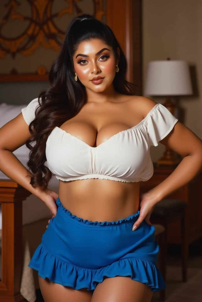Latina woman, ordinary, broad, bulky, arms not muscle, large legs round, strong, (wide hip GG), GG breasts, drooping in the shape of party bladder full of water, sitting on a staircase in the street, vertical focus, camera from bottom to top, she looks at the camera one of the slightly flicky eyes heavy mauiagem, mouth + latent side smile, CLOTHES: round skirt, plaid +, tank top, fine silk white + (bra, cord skin, one side dropped on shoulders). ULTRA HD, ISO, GAB, shade progetada atraz, strong sunlight to pin, strong yellowish glow, RGB, soft, 1.900x1900, with trees and idrante, utra realistic. 4V. --auto --s2