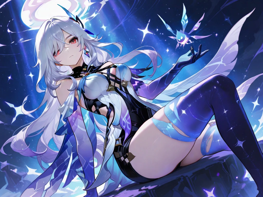 Lilac gradient hair,Asymmetrical hair,((Hair is very thick 1.8,chiseled head 1.6)), Hair over the shoulder, messy hair, Very long hair, shinny hair,(Long gray hair:1.2),A beautyful girl,(Luxurious Platinum Mini Lolita,Made of transparent material),(Transparent clothes transparent 1.8),perfect body figure,high and high,slenderness,(looking sad,Haggard complexion、Haggard complexion、pale nipples ,grieves,shut up:1.2) Against the backdrop of an unusually bright dark starry sky,(side),(Round, Oversized, Exposed nipples)in pink,The barefoot,afloat,waterface,(long leges,long leges,long leges,Perfect leg shape,Normal leg shape),fully body photo。