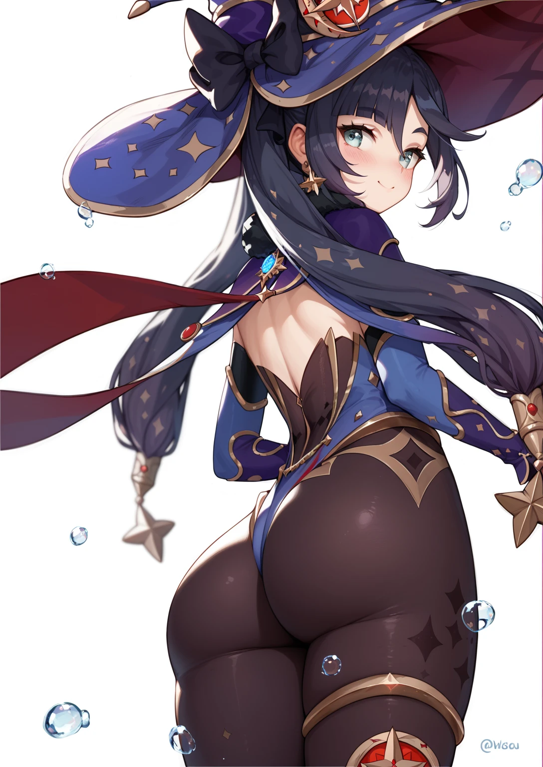 ((extreme detail)),(super detailed),(painting), chiaroscuro, extremely detailed wallpaper CG unity 8k, gimona, earring, stockings, hair ribbon, hair decoration, looks at the viewer, big ass, wide hips, back, sky background,