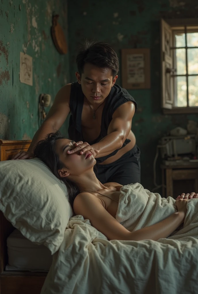 A woman kneeling crying and holding in her arms a man who was shot in the chest by the man's father asking for forgiveness. You can see that she is crying bitterly.