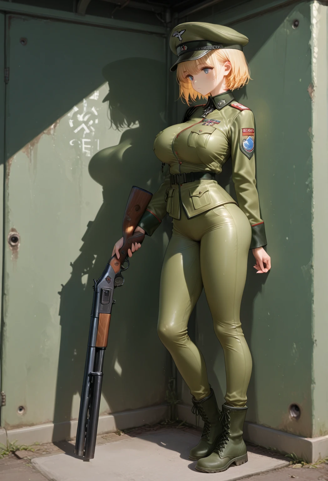 (best quality,ultra-detailed,realistic:1.37),American soldier,combat- ready,seductive,dominant,gaze,fierce,strong,confident,fit,uniform,weapon,explosions,camouflage,dark background,strong lighting,vivid colors,warrior princess,daring,red lips,piercing eyes,powerful presence,battlefield,flag,wild hair,bullets,fighting spirit,intense,provocative,commanding,brave,defiant,soldier,combat boots,serious expression,intimidating stance,heroic,flag bearer, striking features,decorated uniform,steely gaze,determined,empowered,commanding officer