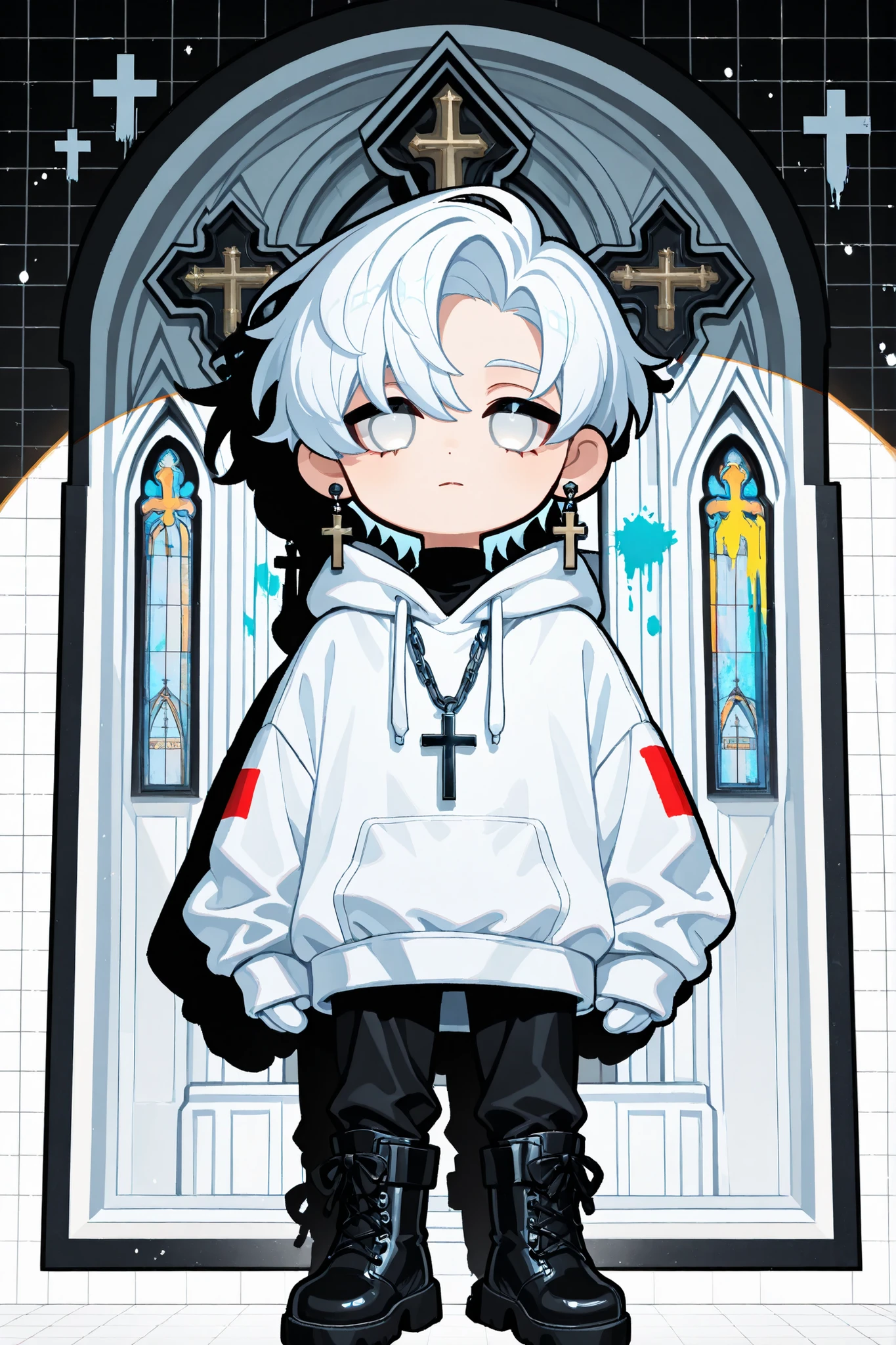 Male, single, handsome, fair skin, (white_hair:1.3), (bright_white_eyes:1.3), (priest:1.2), (cross_earring_right_ear:1.3), (cross_necklace:1.3), (multiple_rings), (oversized_hoodie:1.3), (vestment_pants:1.2), (boots:1.2), (chain_necklace:1.2), (gloves), (spotlight_effect:1.2), (church_background), (spray_paint_effects), (diary_sticker_cover_page), (rounded_rectangular_frame), (grid_background), (light_black_and_red), (vestment_top:1.3), (black_and_light_blue_colorblock:1.3), (chibi_style:1.2), (sticker_aesthetic), (glossy_sticker_effect), (HD:1.3)